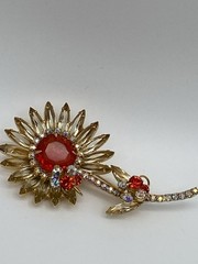 Vintage JULIANA D&E Sunflower Large Pin Brooch Champagne/Orange Rhinestone Stem