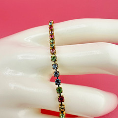 Vintage Rhinestone Bracelet Pastel Multi Color Gold Tone Tennis Cup Chain 6.75″