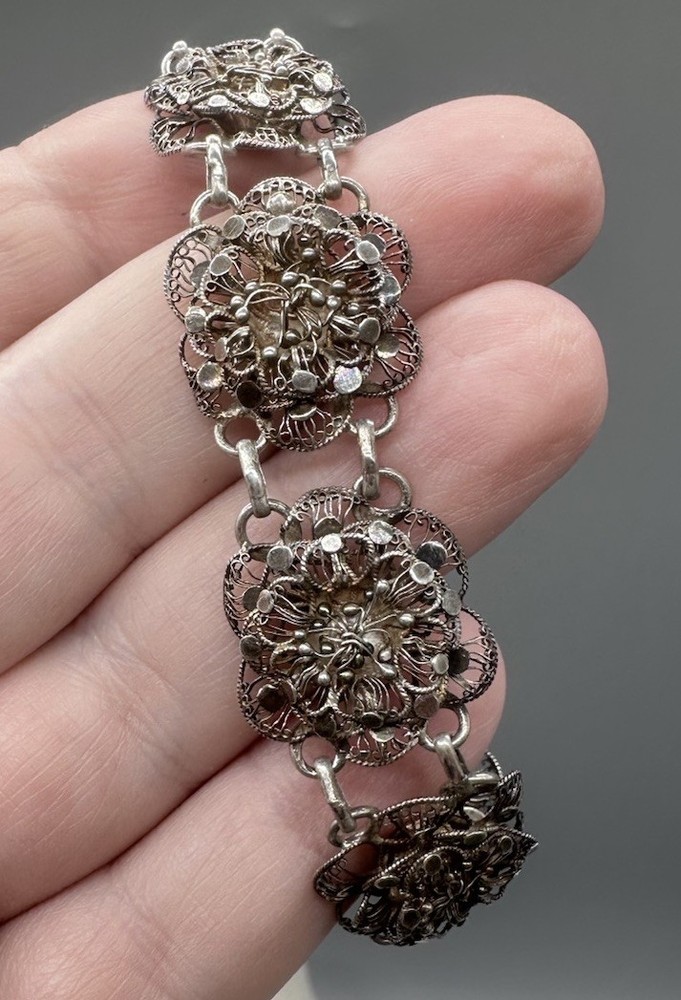Vintage 800 Silver Filigree Floral Panel Bracelet 7” Ornate European Intricate