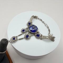 Vintage Silver Tone Slave Bracelet Ring Set Blue Cabochon Stone Boho Filigree