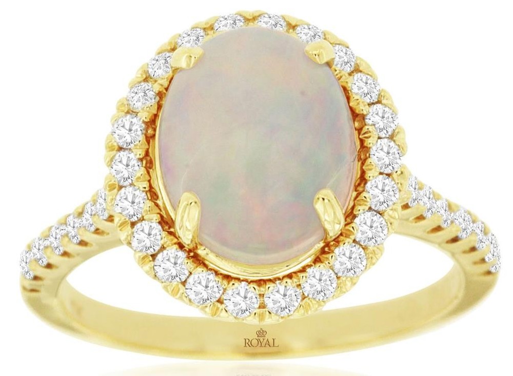 ESTATE 2.30CT DIAMOND & AAA OPAL 14KT YELLOW GOLD 3D OVAL & ROUND HALO LOVE RING