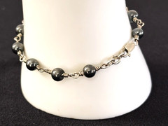 Vintage Sterling Silver 925 5MM Gray HEMATITE BEAD Link Bracelet 7.25″ L – 8.4G
