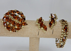 VTG Costume Jewelry 3 Piece Leaf Set Amber Rhinestones/Topaz Marquise Cut EUC