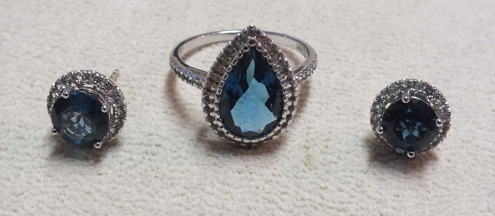Gorgeous Vintage Sterling Silver London Blue Topaz Set: Ring and Earrings