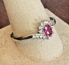 Vintage Oval Ruby & Cubic Zirconia Ring 925 Silver S12 Cocktail Halo Engagement!
