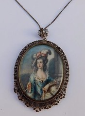 Antique Italian Filigree Portrait Pendant Necklace 800 Silver Hand Painted 1900s
