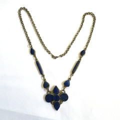 Vintage Pakistan Lapis Lazuli Flower Necklace, Boho Ethnic Inlay, Blue Stone