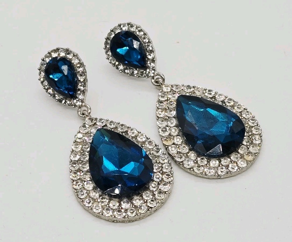 Aqua Blue Crystal Earring TEARDROP Silver Tone Pierced Dangle Couture 2.25 in