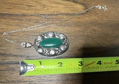 Antique Art Deco 800 Silver Chrysoprase Rose Motif Repousse Pendant Necklace
