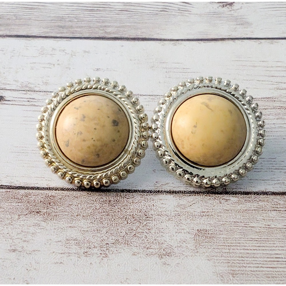 Vintage Earrings for Pierced Ears Beige Center Gold Tone Halo