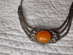 Vintage Antique Tibetan Silver Mesh Orange Beeswax Amber Necklace Jewlery