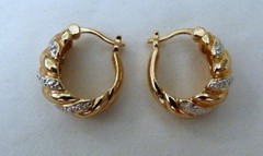ROSS SIMONS GOLD OVER STERLING SILVER DIAMOND ACCENT RIBBED SHRIMP HOOP EARRINGS