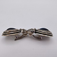 VTG Smoky Gray Cats Eye Moonstone Earrings Clip On Silver Tone Ornate Retro