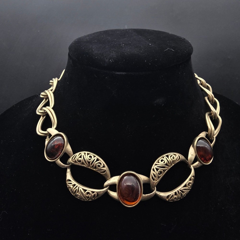 Brown Lucite Gold Tone Link Chain Necklace Vintage 1990s Jewelry