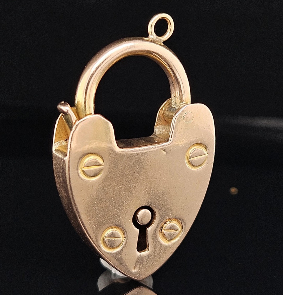 15K Gold ANTIQUE HEART PADLOCK Charm Pendant Edwardian Opens British Love Lock