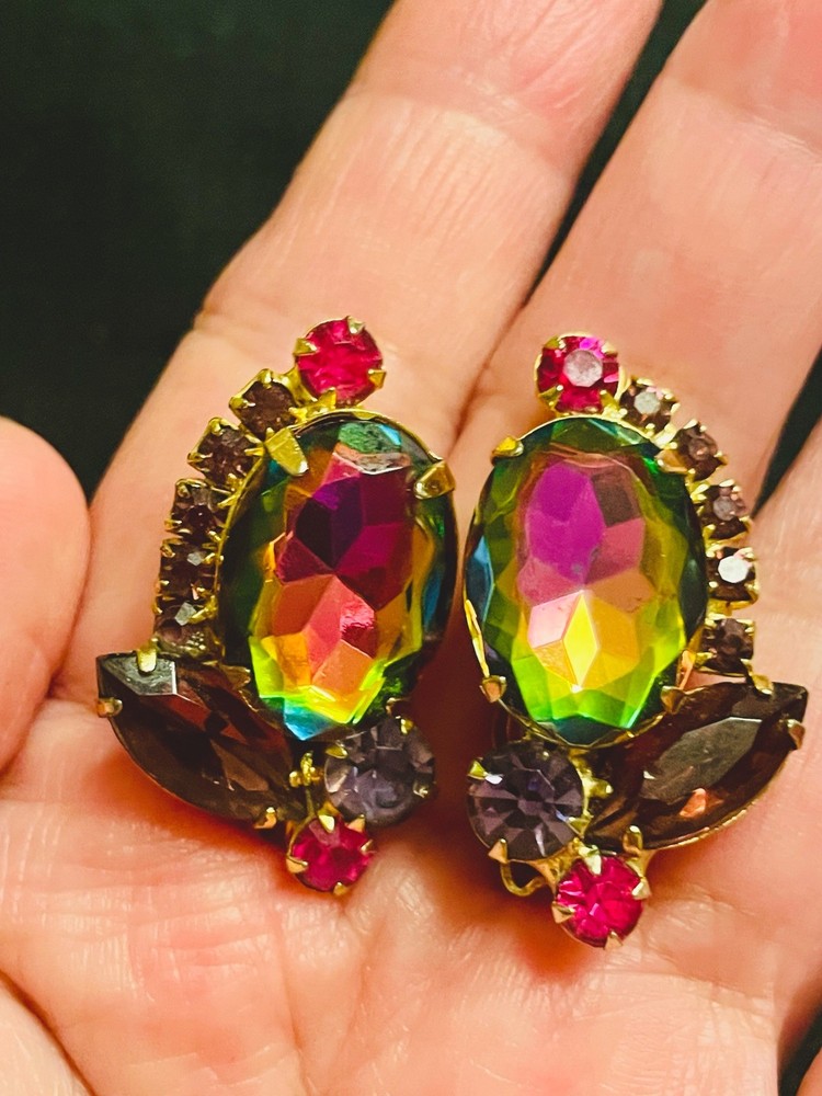 Juliana D&E Purple Green Ruby Watermelon Heliotrope Gold Tone Earrings Stunning