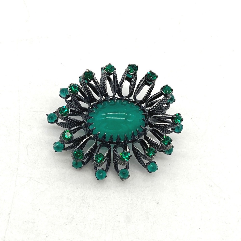 Vintage Austria Green Rhinestone Cabochon Sunburst Brooch Gunmetal Tone 1.5in