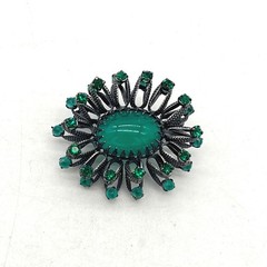 Vintage Austria Green Rhinestone Cabochon Sunburst Brooch Gunmetal Tone 1.5in