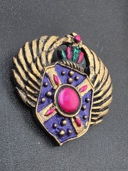 Vintage 1980s Egyptian Revival Winged Shield Brooch – Bold Purple Pink Enamel