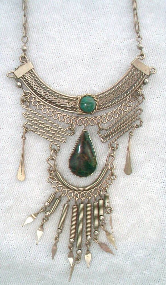Vintage Peruvian Alpaca Nickel Silver Chrysocolla Teardrop Bib Choker Necklace