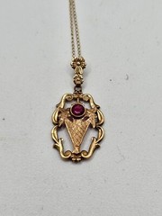 Antique 10k gold garnet Emco lavalier style pendant necklace art deco floral