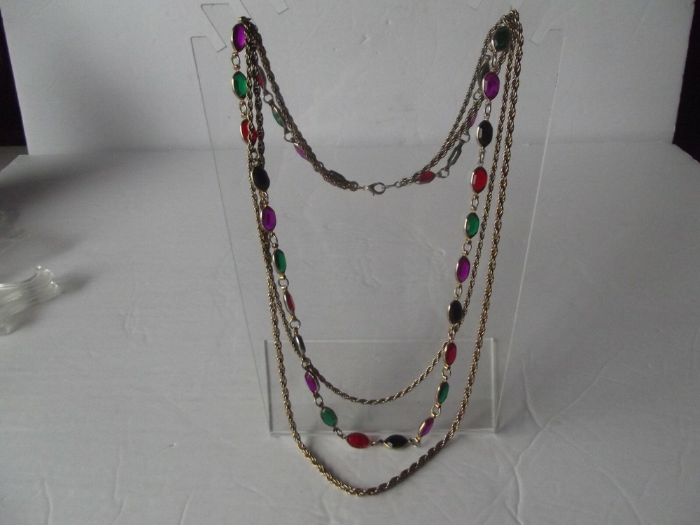Triple Graduated Chain Necklace Purple green red black Bezel Set crystals vtg