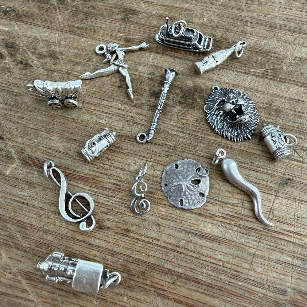 Vtg sterling silver charm lot train boat italian horn wagon dancer etc