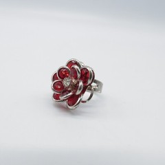 Vintage Red Glass Flower Ring Size 6.25 Expandable Silver Tone Boho Cute