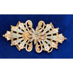 Vintage Filigree Art Noveau Belt Buckle Gold Toned Brass Enamel Detail 3.5″ x 2″