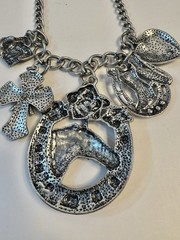 Chunky Horse Cross Rose Boot Charm Necklace Silver Tone Adjustable Length