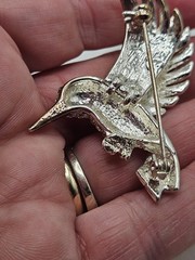 Vintage HummingBird In Flight Brooch Pin Silver Tone Rhinestones With Green Eye