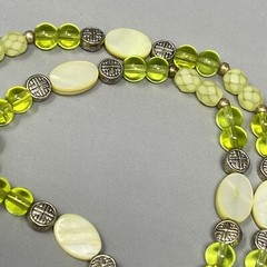 Dainty Glass Station Necklace Lime Green Druk Bead MOP Frosted Acrylic Faceted