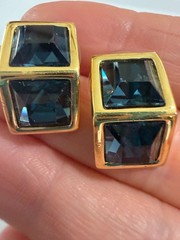 Vintage SAL Swarovski Crystal Blue Cube Illusion Post Earrings Gold Tone Stamped