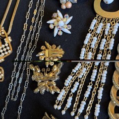 Vintage 1960’s Rhinestone & Faux Pearl Gold Silver Tone Designer Costume Jewelry