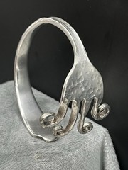 VTG. Hand Crafted Silver Plate Folk Art Hammered Fork Cuff Bracelet 7.25”