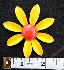 Vintage Yellow Orange Enamel Daisy Flower Brooch Pin 2.5″ Mod 60s Retro
