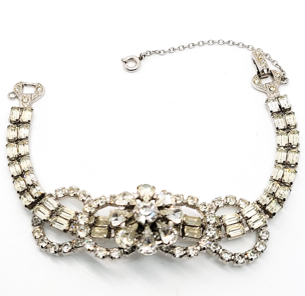 Art Deco style high end estate clear prong set flower vintage rhinestone bracele