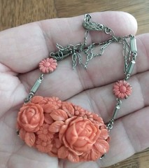 Antique coral colored Rose molded glass & Rhodium Plated Deco Necklace Pendant