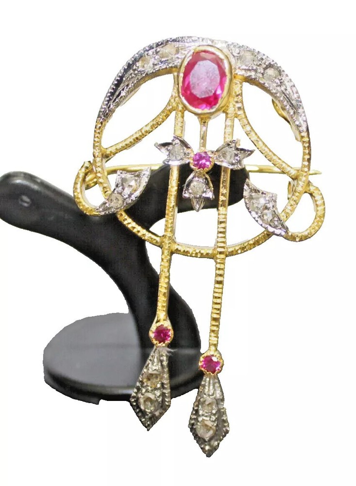 0.80ct Rose Cut Diamond Ruby 925 Sterling Silver Antique Look Wedding Brooch Pin