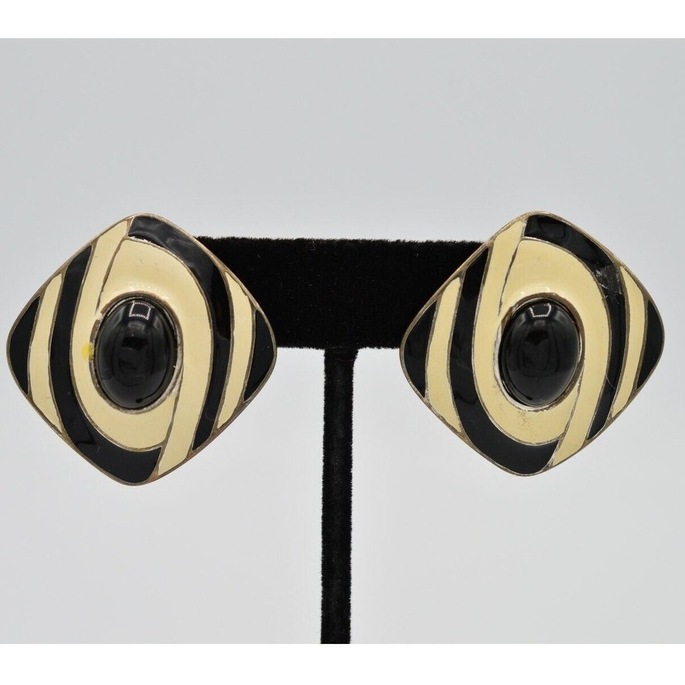 TAT Vintage Cabochon Earrings Black Off White Enamel Chunky Signed 1980s BnS