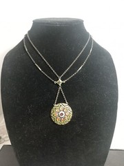 Vintage N A Green Enamel With Glass Accents Pendant Necklace
