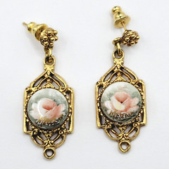 Art Deco Hand Painted Signed Rose Gold Tone Victorian Frame MCM Pierced Earrings