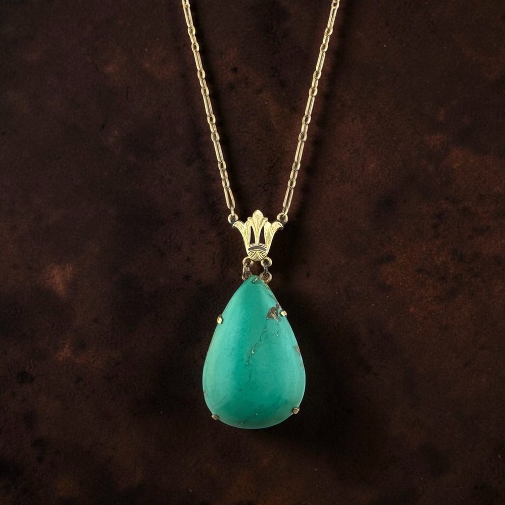 Vintage Circa 1950s 14K Yellow Gold Pear-Shaped Turquoise Pendant Necklace 17″