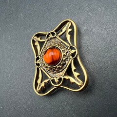 Orange Glass Stone Brooch Open Metal Work Gold Tone Pin