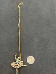Gold Colored Ballerina Necklace W/ Blue & Pink Enamel Vintage 24” Chain NOS