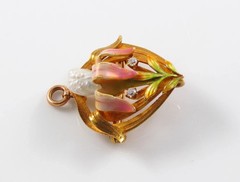 14k Gold Krementz Enamel Diamond Pearl Brooch Watch Pin Pendant
