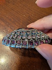 Vintage MCM Oval Purple & Pink Rhinestone Silver Tone Pin Brooch 2.5 inches