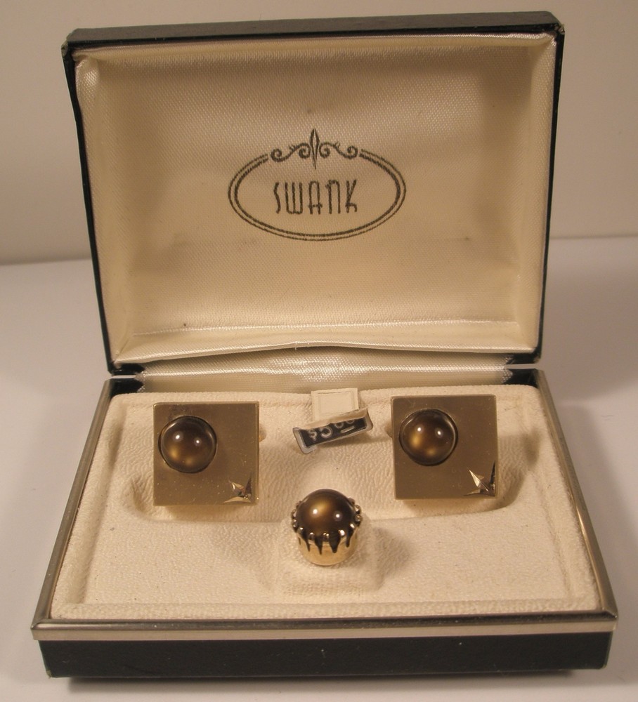 Gold Tone Cabochon SWANK Vintage Cuff Links & Tie Tack set in box