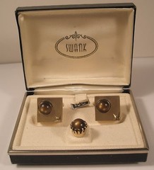 Gold Tone Cabochon SWANK Vintage Cuff Links & Tie Tack set in box