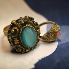 Vintage Gold Tone Cocktail Ring Set Teal, Faux Opal Sarah Coventry & Fire Flower